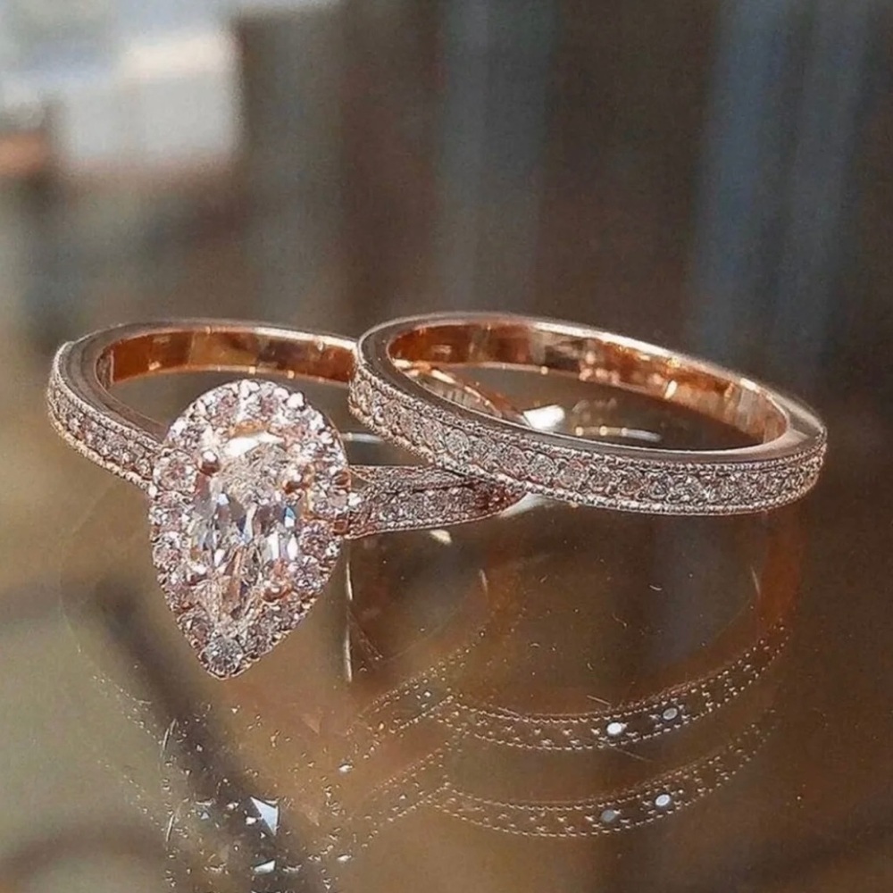 Rose Gold Eternity Diamond Wedding Engagement Ring Set